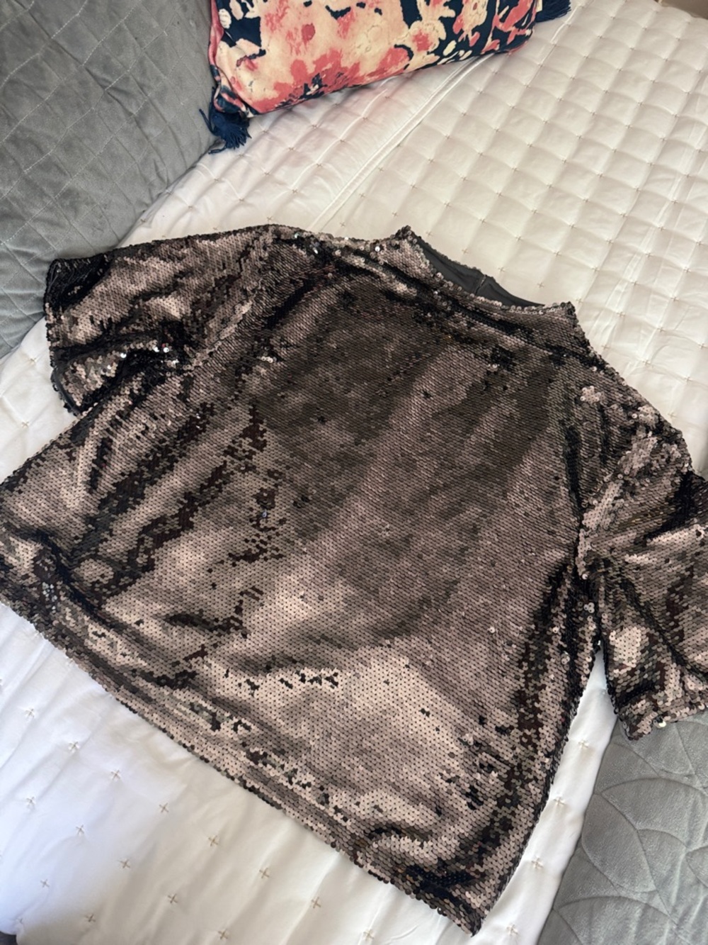 ZARA Deep Silver Taupe Sequin Short Sleeve Top